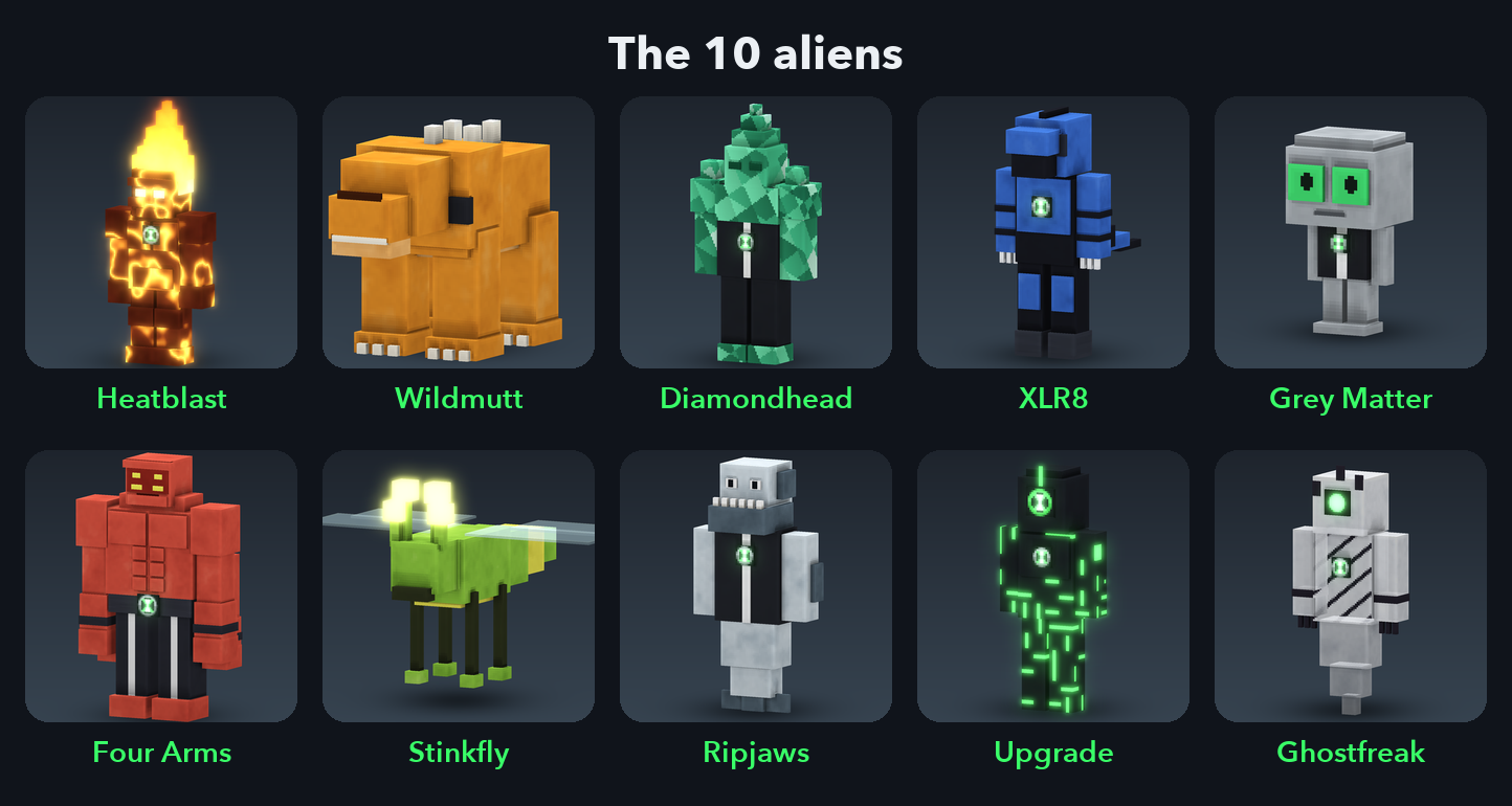 All ten Ben 10 Mod aliens arranged in two rows