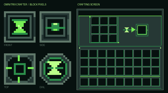 Omnitrix Crafter textures and a sketch of its recipe grid